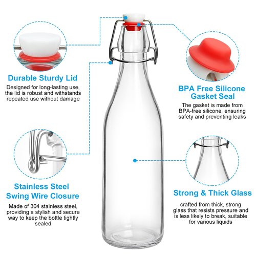 JOBVERT Swing Top Bottles 16oz,4 Pack Glass Brewing Bottles with Airtight Grolsch Closures, Reusable for Kombucha, Beer, Cold Brew, Homemade Beverages Storage