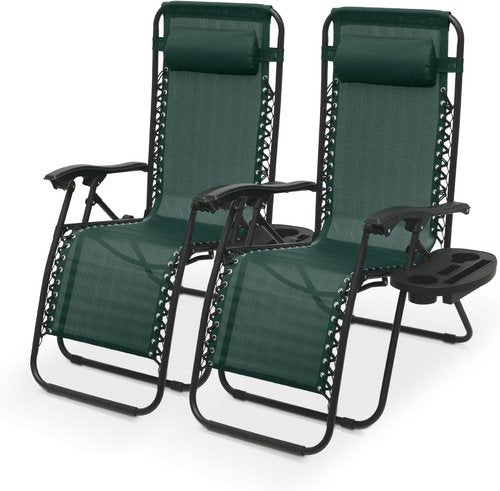 Athena Collection Zero Gravity Lounge Chair Set of 2 - Reclining Pool Chairs with Cup Holder | Green