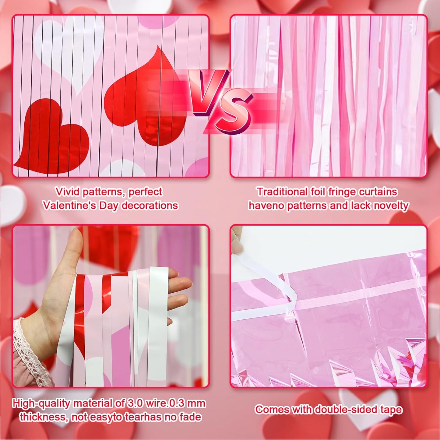 Mega-L Birthday Party Decorations - 2 Pack Red Pink White Heart Foil Fringe Curtains | 3.3X6.6 ft Tinsel Backdrop