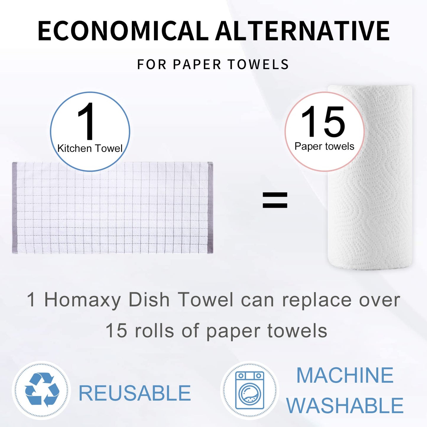 Homaxy 100% Cotton Terry Kitchen Towels(White, 13 x 28 inches), Checkered Designed, Soft and Super Absorbent Dish Towels, 8 Pack