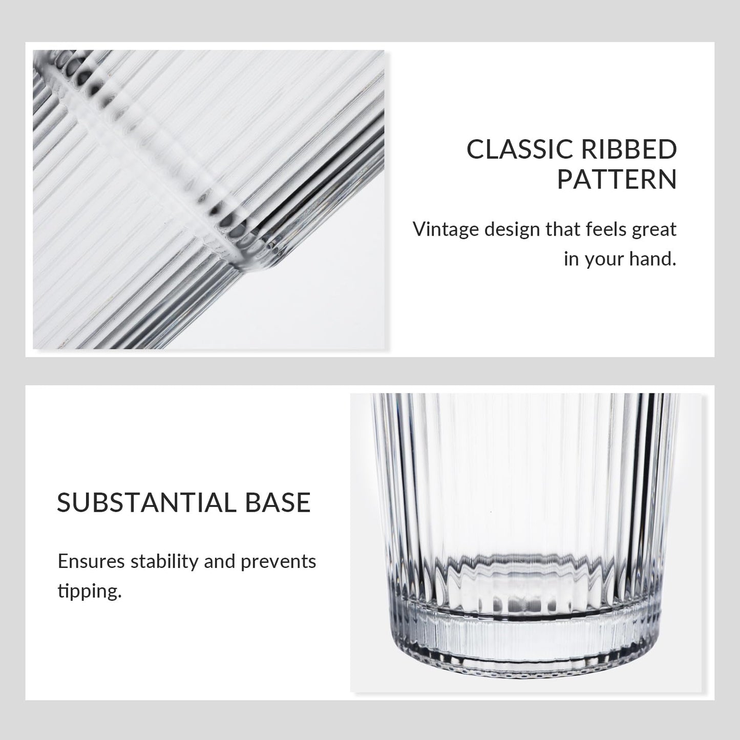 Puraville 2 Pack 20oz Glass Cups with Lids and Straws, Vintage Ribbed Glassware for Whiskey Cocktail Beer, Mason Jar Drinking Glasses Tumbler Iced Coffee Cup