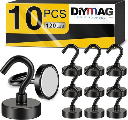 DIYMAG Magnetic Garage Hooks - Heavy Duty 120lbs Capacity | 10 Pack for Fridge, Classroom, Kitchen - Black