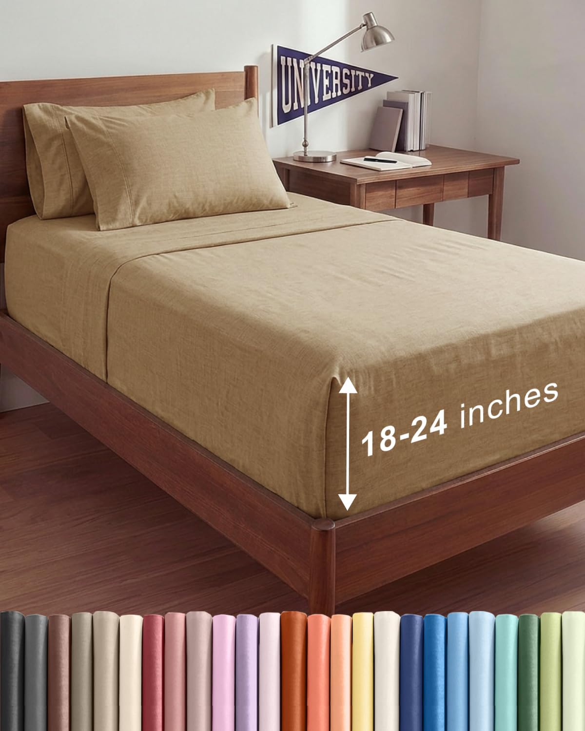 Skiennix Extra Deep Twin XL Sheet Set | 4-Piece Breathable Cooling Bedding - Soft, Wrinkle-Free, Easy Fit - Heathered Tan