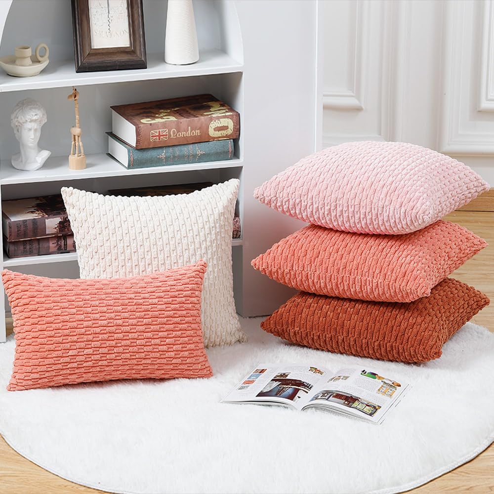 MADIZZ Pack of 2 Corduroy Decorative Throw Pillow Covers 14x14 Inch Rust Soft Boho Striped Couch Throw Pillows for Bed Pillowcases for Sofa Livingroom Home Decor