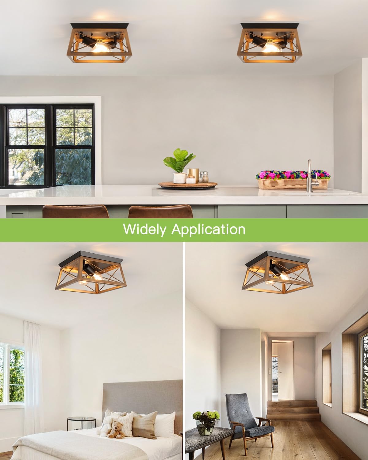Farmhouse Flush Mount Ceiling Light Oak White Ceiling Light Fixtures 2-Light Industrial Vintage Metal-Framed Ceiling Lighting for Hallway Foyer Kitchen Dining Room Bedroom Living Room Laundry