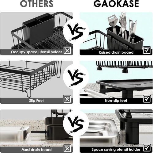 GAOKASE Stainless Steel Dish Drying Rack - Kitchen Counter Dish Drainer with Removable Utensil Holder | Black
