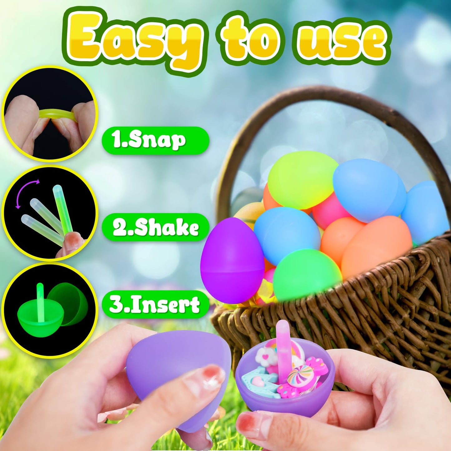 MGparty Glow in The Dark Easter Eggs, 96 Plastic Eggs with 192 Mini Glow Sticks for Kids Easter Basket Stuffers Party Favors Egg Hunt Supplies and Easter Decorations