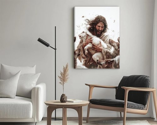 Jesus And Lamb Canvas Wall Art - Christian Home Decor | Gospel of Matthew Painting 12x16in Framed