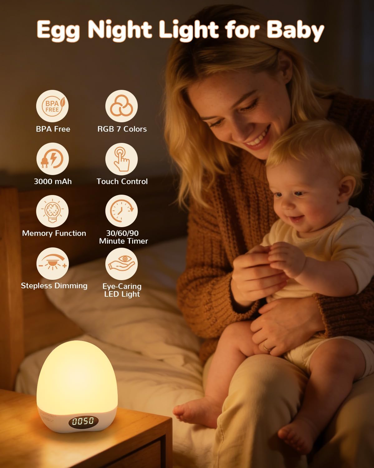 Skiennix Egg Night Light - Portable Rechargeable Baby Nightlight with Touch Control & RGB Colors