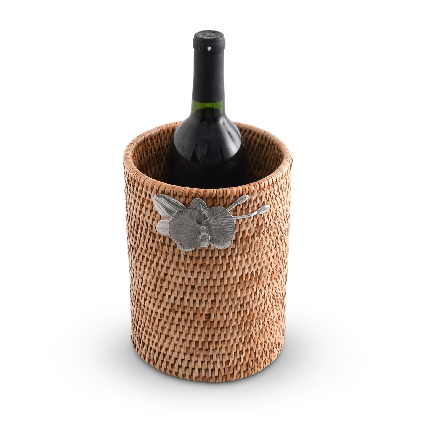 Vagabond House Wicker Rattan Utensil Holder, 8 Inches Tall, Large Kitchen Organizer with Pewter Orchid, Woven Boho Decor for Practicality and Style