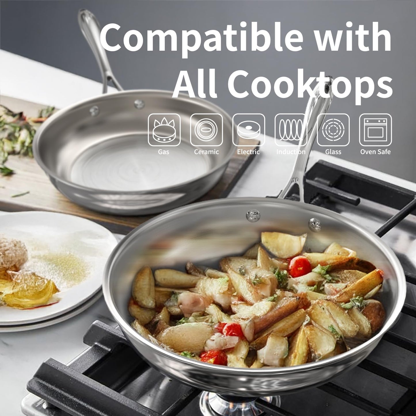 SANFELA Cookware, 10 Piece Stainless Steel Pot and Pan Set, 5 Ply Clad, Includes Frying Pans, Saucepans, Saute Pan and Stock Pot, Compatible with All Cooktops, PTFE, PFAS and PFOA Free