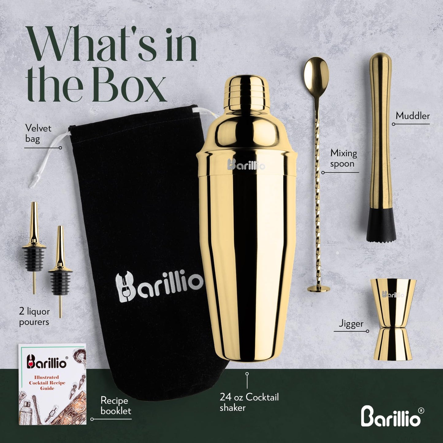 Barillio Gold Mixology Bartender Kit - 8 pcs Stainless Steel Travel Cocktail Shaker Set with Bag - Bar Tools Set with Martini Shaker, Drink Mixer Spoon & Mojito Muddler for Cocktails, Pourers & Jigger