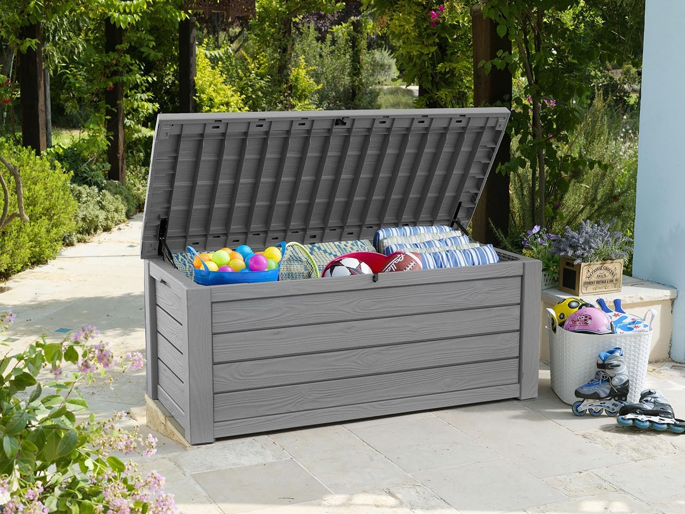 Keter Westwood 150 Gallon Outdoor Storage Box - Durable Resin for Patio Furniture & Garden Tools | Light Grey