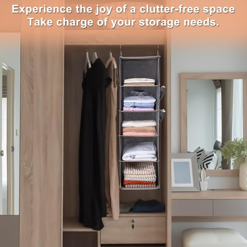 BOOMIBOO Hanging Closet Organizer - 5 Shelves with 2 Side Pockets | Foldable Storage Solution (Beige, 2 Pack)