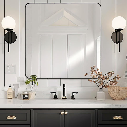 ANDY STAR Square Bathroom Mirror - 24”x24” Matte Black Metal Design with Rounded Corners | Versatile Hanging Options