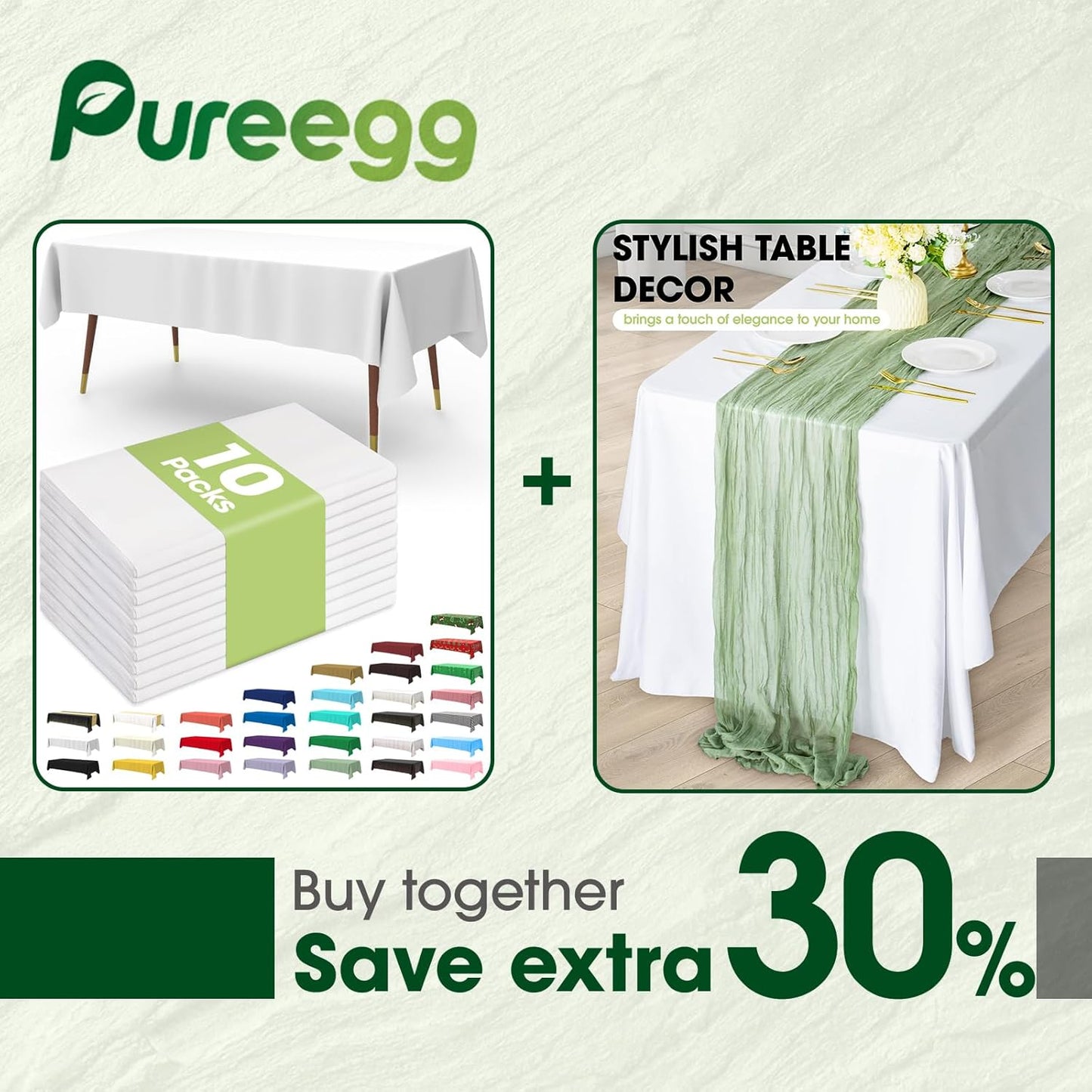 Pureegg Table Cloth Set - 10 Waterproof Disposable Tablecloths (54"x108") & 2 Decorative Cheesecloth Runners (35"x120") | Perfect for Parties, Picnics & Weddings in White & Sage