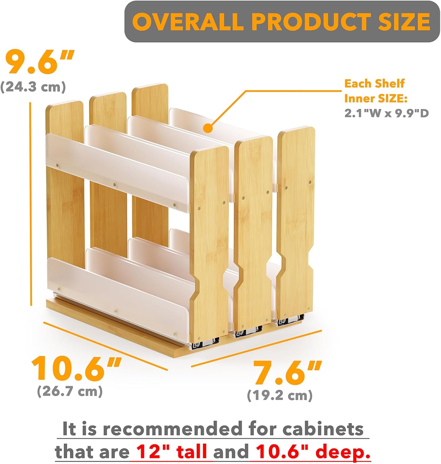 SpaceAid Bamboo Spice Rack Organizer - Heavy Duty Pull-Out Kitchen Storage, 7.6" Wide, 3 Drawers, Natural Finish