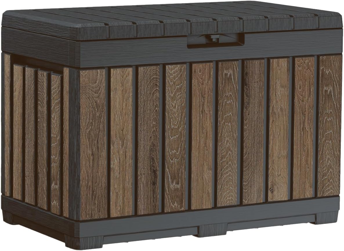 Keter Signature Everwood 50 Gallon Resin Deck Box - Stylish Storage for Patio Cushions & Garden Tools | Walnut