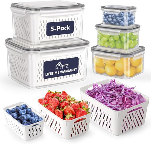 HOTEC Large Fruit Storage Container - 5-Pack, Leak-Proof, BPA-Free, Dishwasher & Microwave Safe, 4.15L