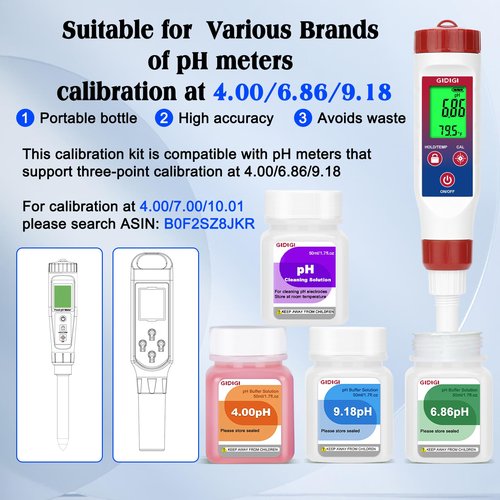 GIDIGI pH Buffer Calibration Solution 4.00/6.86/9.18 pH Calibration Kit with Cleaning Solution Small Portable Packaging Pre-Mixed Standard Liquid for pH Meters Hydroponic Tester Laboratory