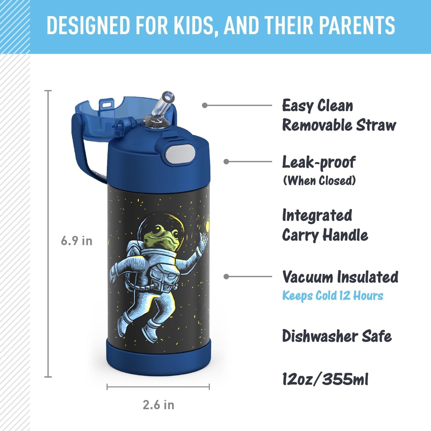 THERMOS FUNTAINER Water Bottle - 12 Ounce Kids Stainless Steel Vacuum Insulated with Straw | Space Frog Design