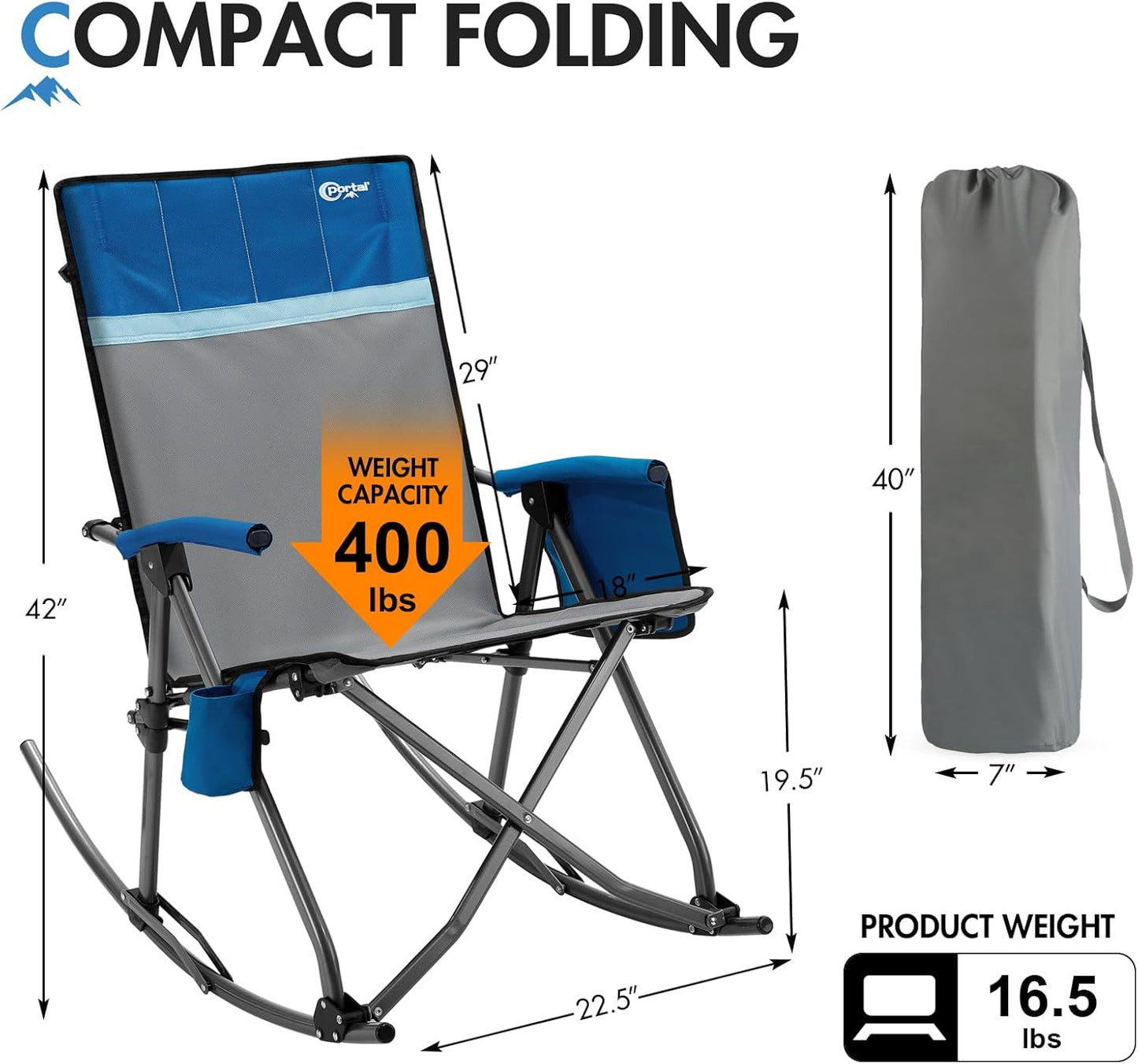 Portal Oversized Folding Rocking Camping Chair - Portable Outdoor Rocker with High Back & Carry Bag, Supports 400 lbs, Grey & Blue