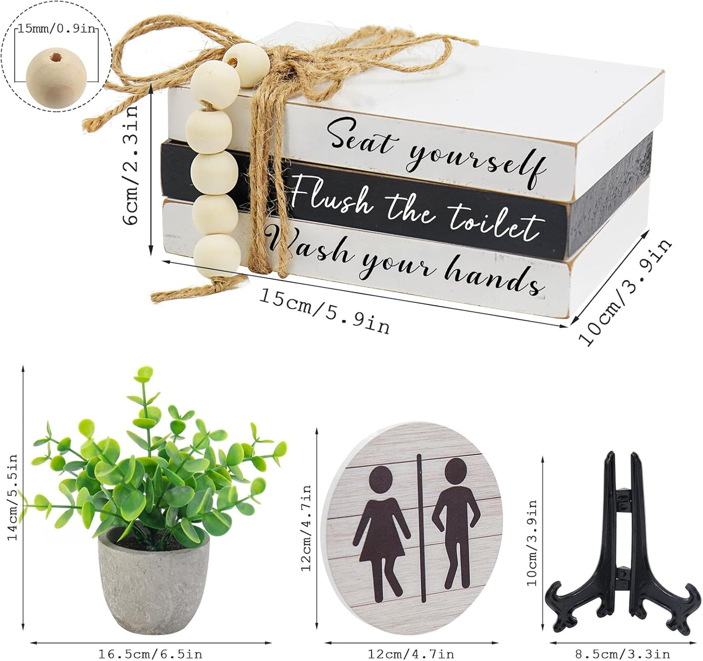 Skiennix Bathroom Shelf Decor - Funny Wooden Signs with 3D Round Design & Fake Plants | Restroom Shelf Accent