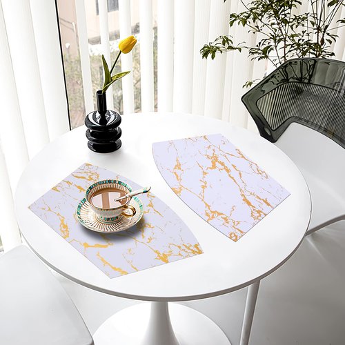 Homaxy Faux Leather Strip Woven Round Table Placemats, Set of 6 Heat Insulation Stain Resistant Non-Slip Table Mats for Kitchen Table, Washable Wipe Clean Fan Shape Wedge Place Mats, White Marble