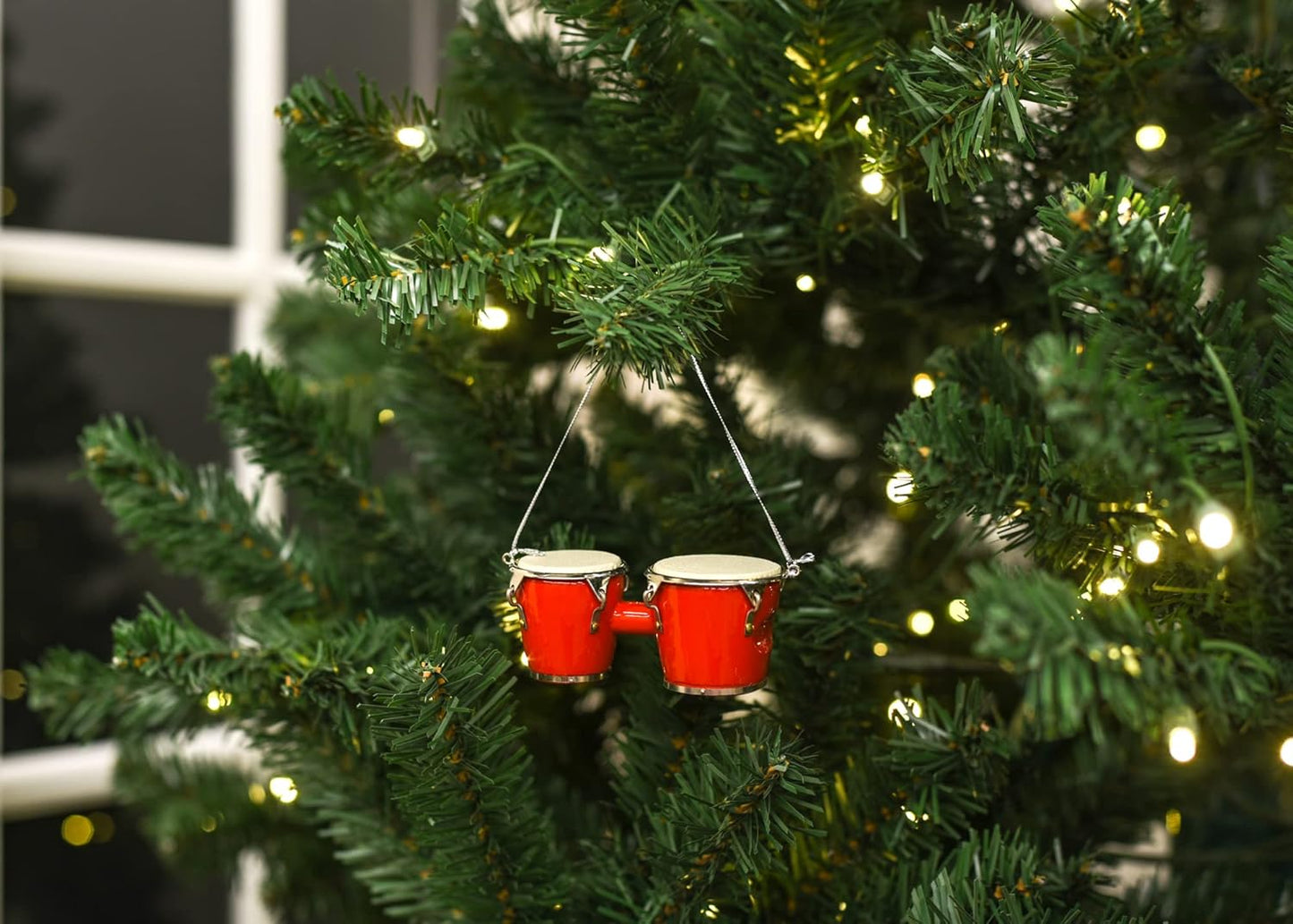 Red Wood & Brass Bongo Drum Ornament - 1.4" Decorative Gift for Music Lovers