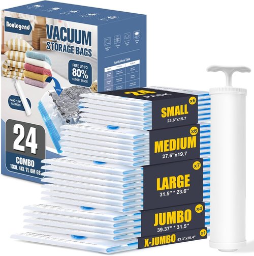 BoxLegend Vacuum Storage Bags - Thickened Seal Bags with Hand Pump | 24 Combo Set for Clothing & Bedding