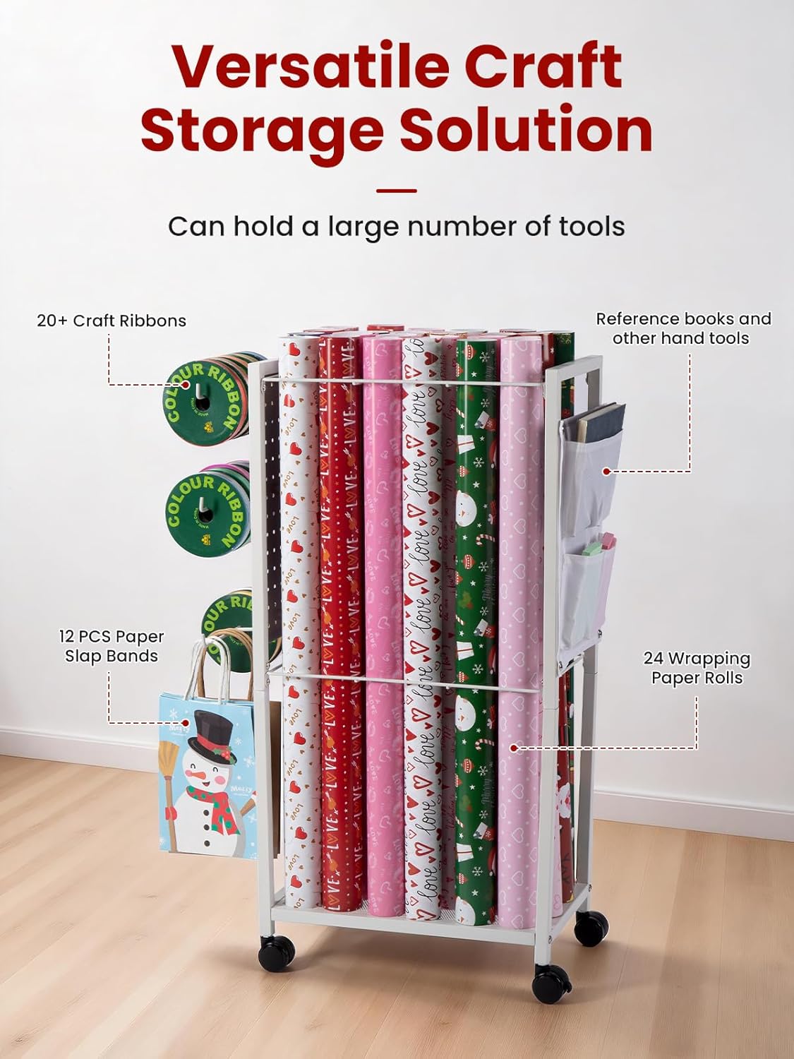 Wrapping Paper Cart - Gift Wrap Organizer with Rolling Storage Stand & Ribbon Holders | 12 PCS Slap Bracelets