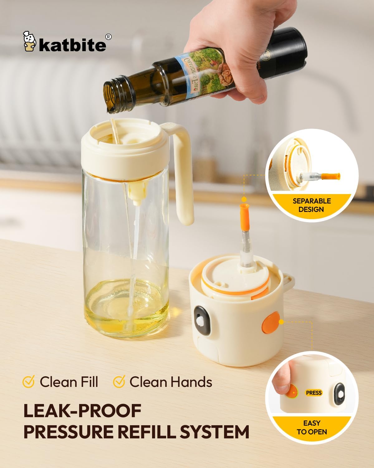 Katbite Olive Oil Dispenser Bottle - 2-in-1 Glass Oil Bottle & Sprayer | Non-Drip Leak-Proof Design, 18.6 oz, Cream White