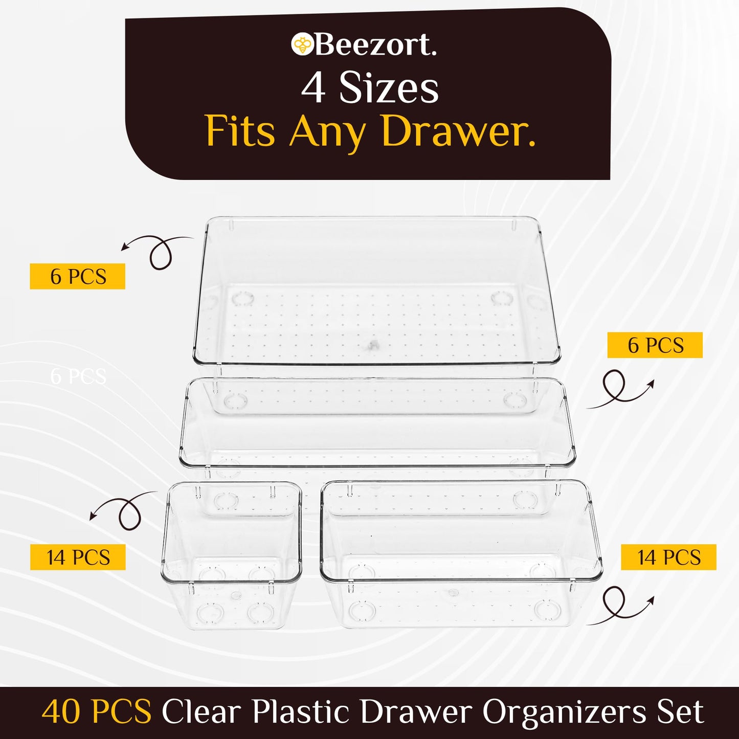 Beezort 40 PCS Clear Drawer Organizer Set, BPA-Free PET Plastic Trays with Non-Slip Pads, Nesting Storage Organizers for Kitchen Drawer, Bathroom, Vanity Makeup, Office Desk