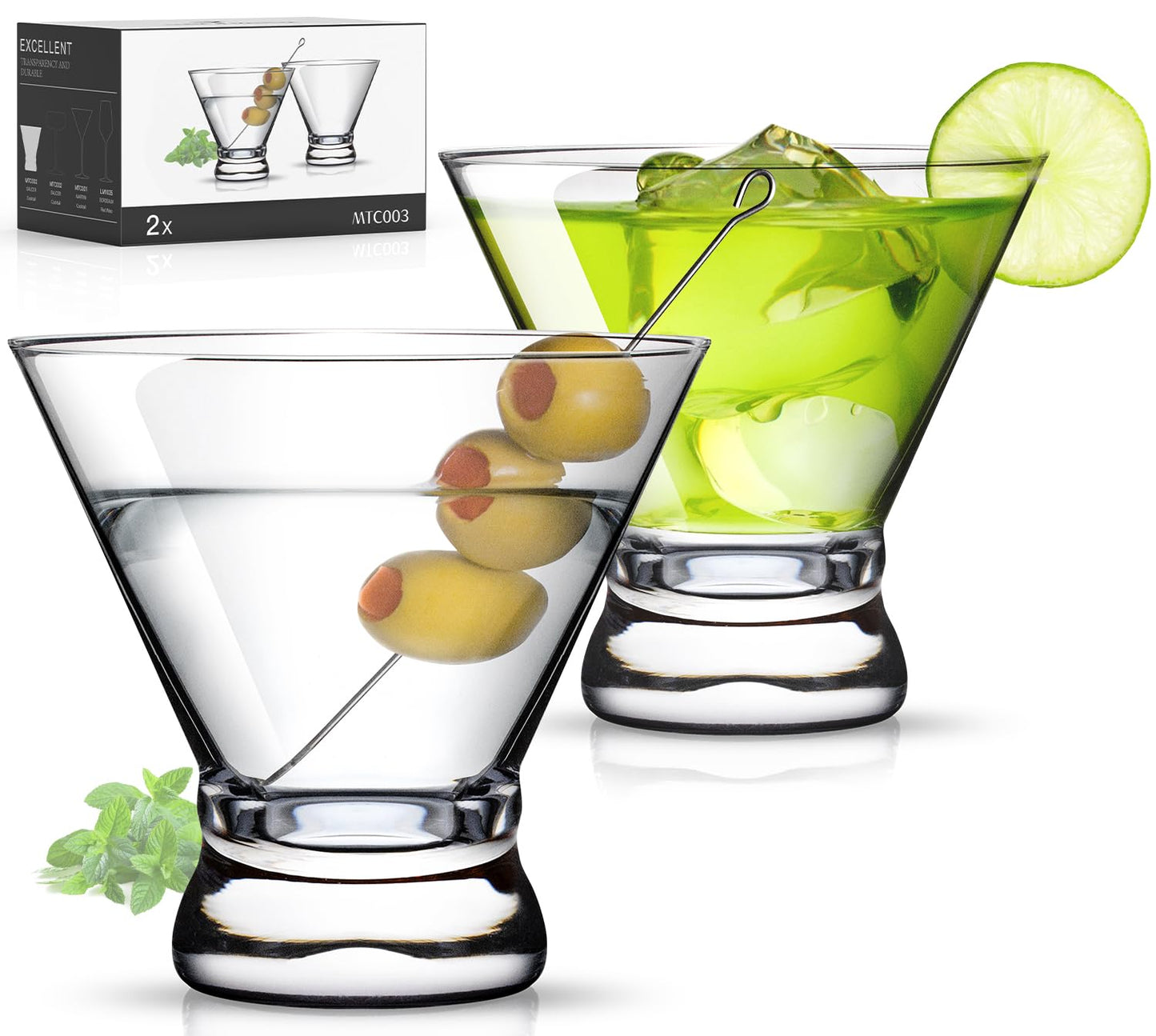 LUNA & MANTHA Martini Glasses Set of 2, Stemless Martini Cocktail Glasses for Margarita, Manhattan, Cosmopolitan, Home Bar, Evening Parties, Birthdays, Housewarming Gift, Crystal Clear 8 OZ