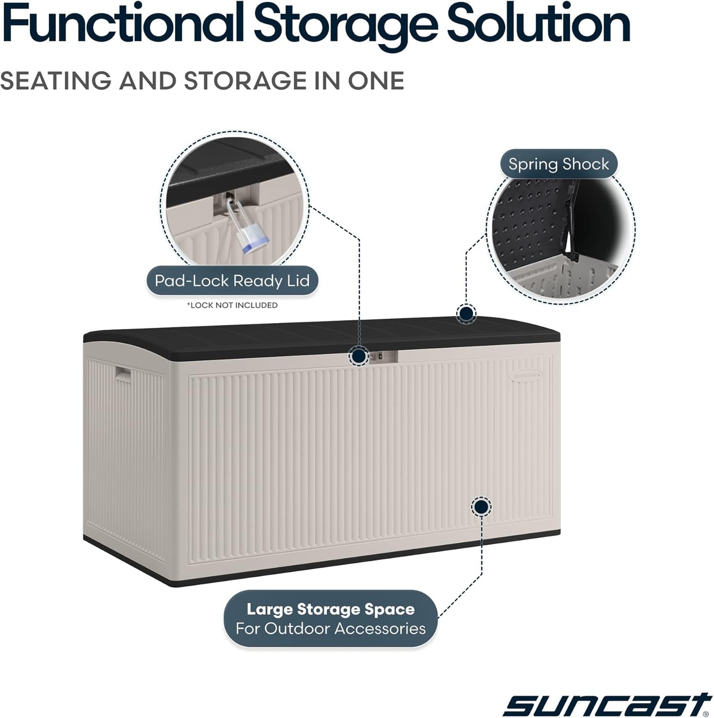 Suncast 160-Gal. Resin Outdoor Patio Deck Box - Extra-Large Storage with Pad-Lockable Lid | Iron Ore/French Gray