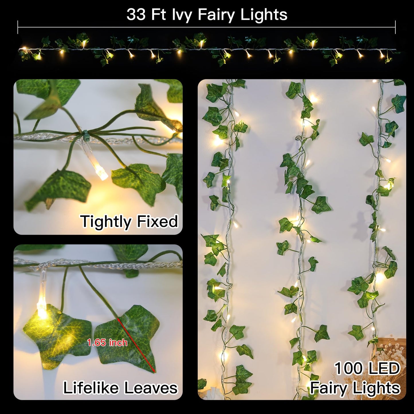 suddus Vine with Fairy Lights Plug in, 33ft 100 LED Ivy String Lights Connectable with Remote, Leaf Light for Bedroom, Room, Wall, Garden, Party, Wedding Dorm Decor (Warm White)