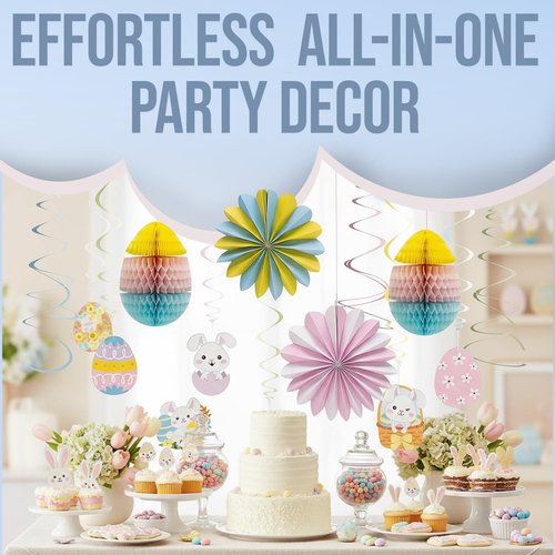 Easter Decorating Kit, 17-Piece Set with Hanging Paper Fans, Swirls, Garland, Banner and Honeycomb Eggs for Holiday Parties, Classrooms and Church Events