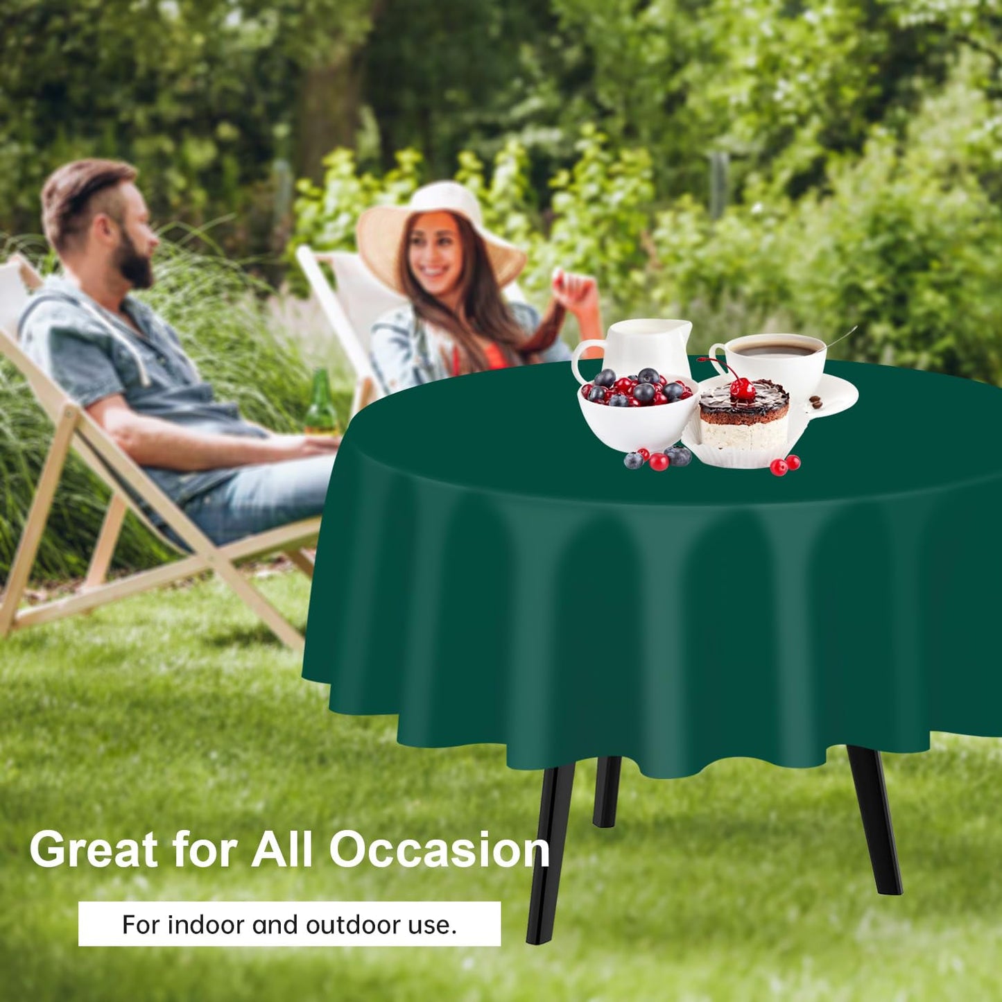 QIKSION Dark Green Round Tablecloth 2 Pack, 84 Inch Plastic Table Cover Disposable for Parties