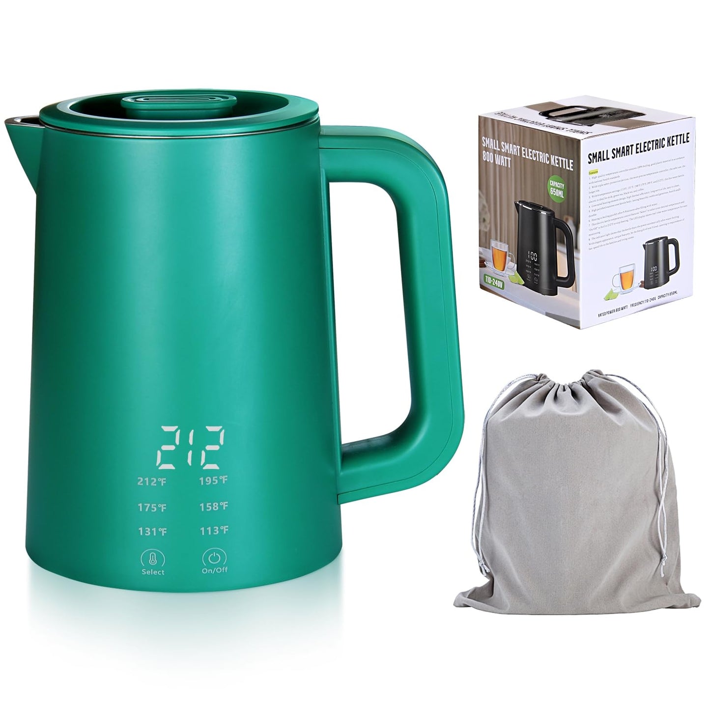 650ml Small Electric Kettle with 6 Temperature Control,800W Dual Voltage 110-240V Fast Heat Hot Water Boiler,304 Stainless Steel Portable Travel Electric Kettle Small,12H Keep Warm (Green)