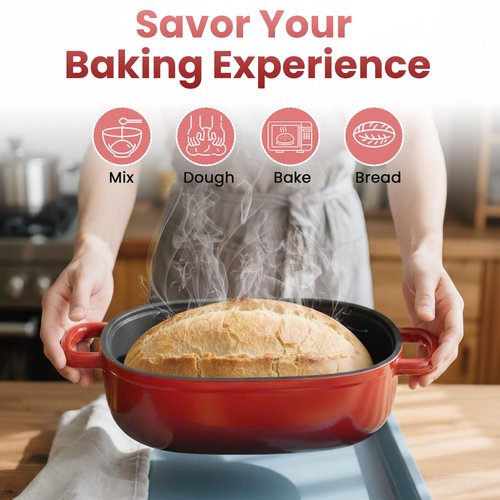 Cast Iron Dutch Bread Oven - 2.5QT Dutch Oven for Sourdough Bread Baking, Cast Iron Bread Loaf Pan with Lid, Easy Homemade Sourdough Dutch Oven, Blue Oval Bread Baking Pan, Gift for Family & Baker，Red