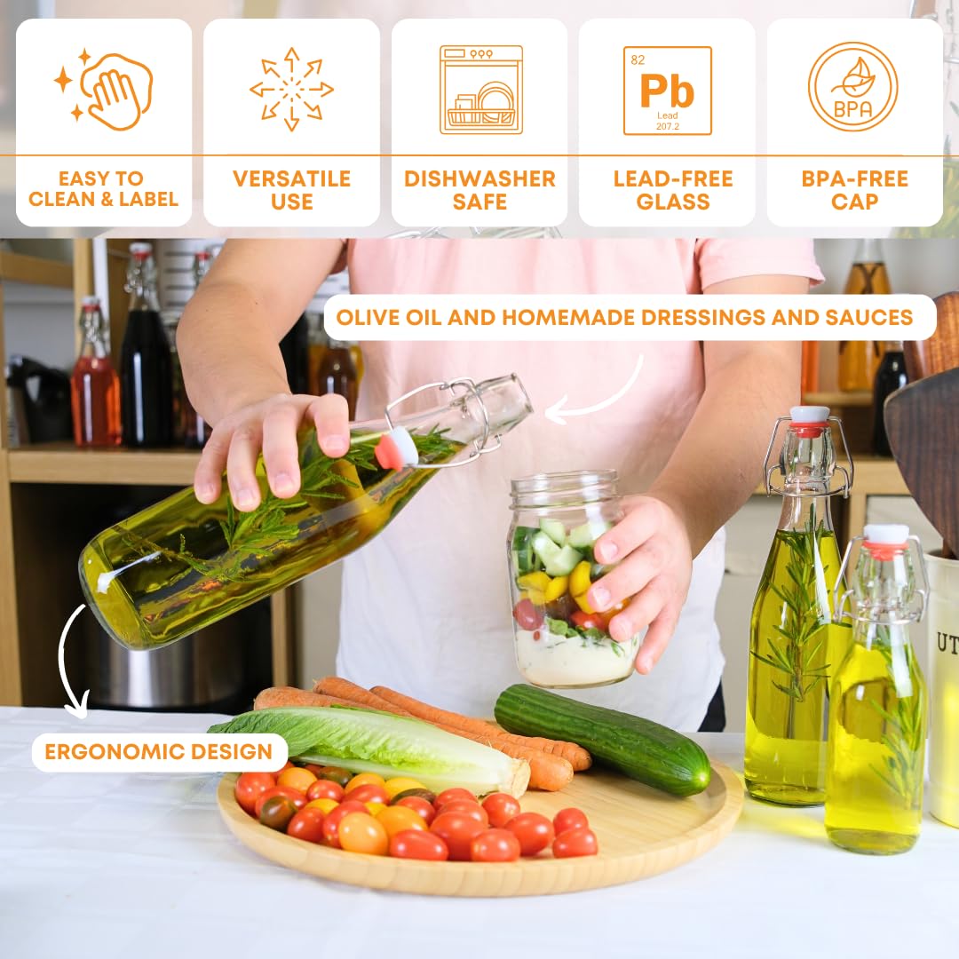 FastRack Swing Top Glass Bottles |16 oz – Pack of 6 | Clear, Flip Top Glass Bottles for Home Brewing, Carbonated Drinks, Kombucha, Fermentation, Water | Food Grade – ECO Friendly