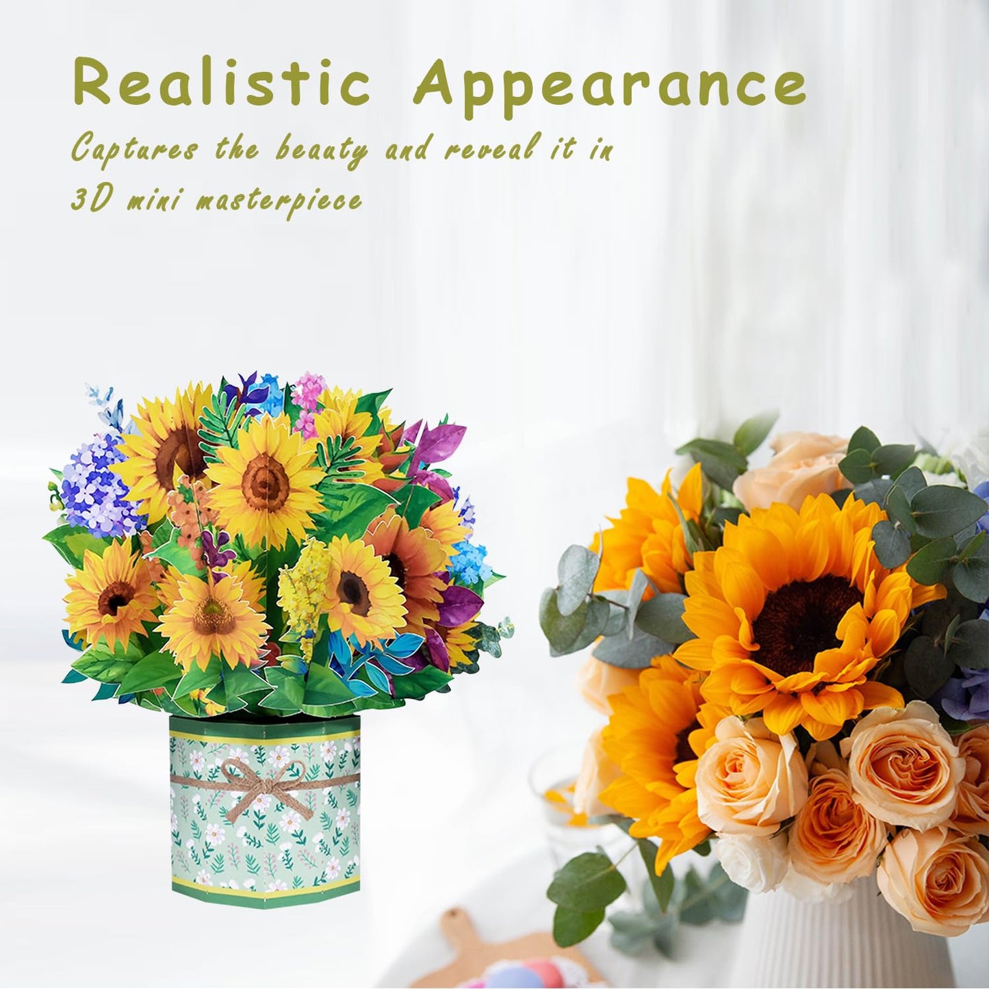 ROBBEAR Sunflower Bouquet Pop Up Card, 3D Flower Greeting Card with Envelopes for Any Occasion, Birthday, Mother's Day, Anniversary, Valentines Day, Handmade Gifts, Foldable Flower Cards for Friends