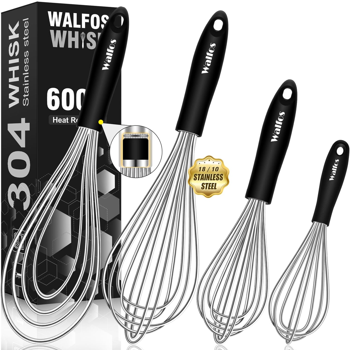 Walfos Whisk,Whisks for cooking set, 304 Stainless steel Whisks,Heat Resistant 600°F.Perfect for Blending Beating Stirring - 11inFlat Whisk and 7+9+11in Balloon Whisk