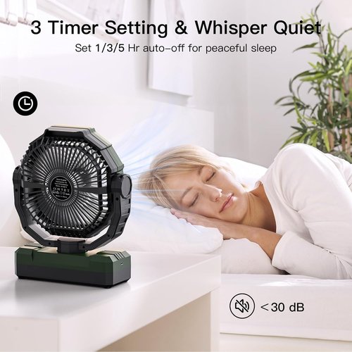 FRIZCOL 3-in-1 Camping Fan - Portable Rechargeable Fan with 24000mAh Battery, Light & Remote - Green