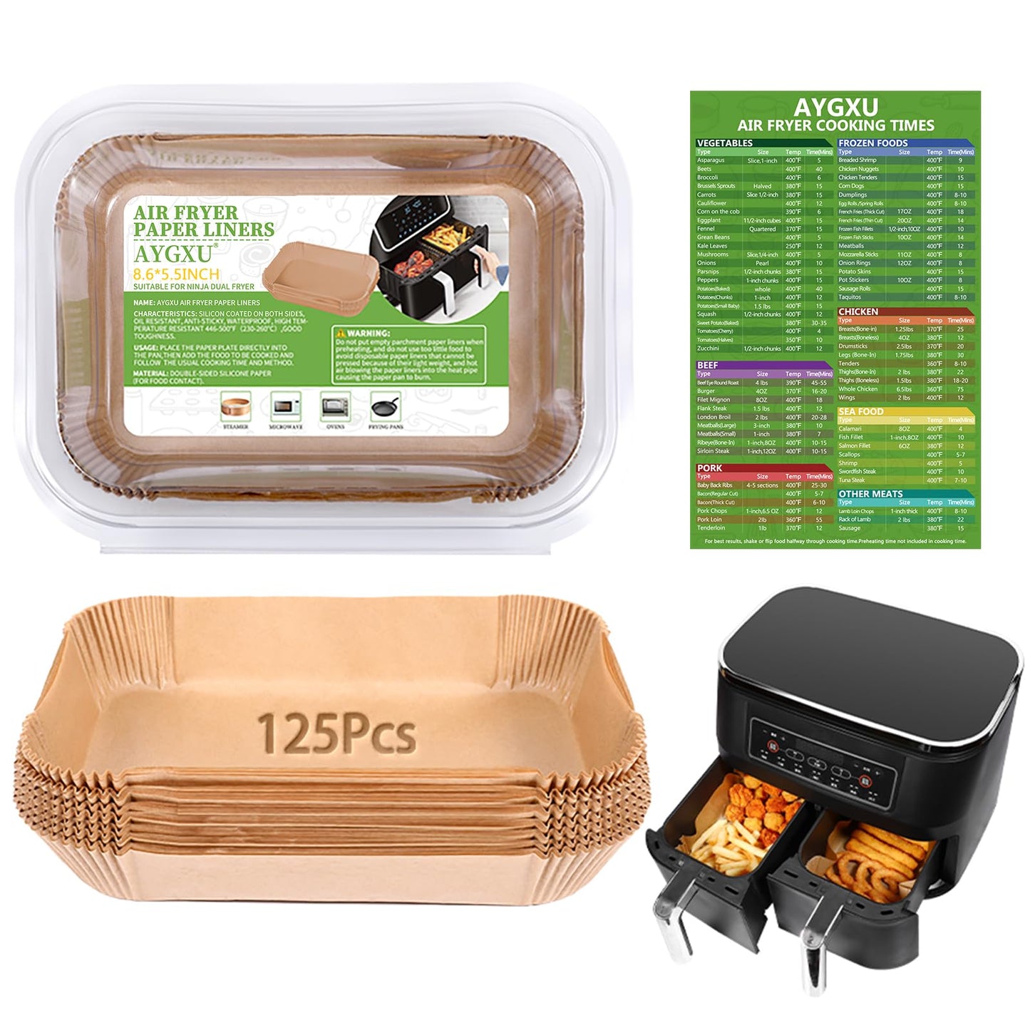 (125PCS) Air Fryer Liners, Disposable for Ninja Dual Air Fryer accessories, Parchment Paper liners rectangle 8.6''*5.5''