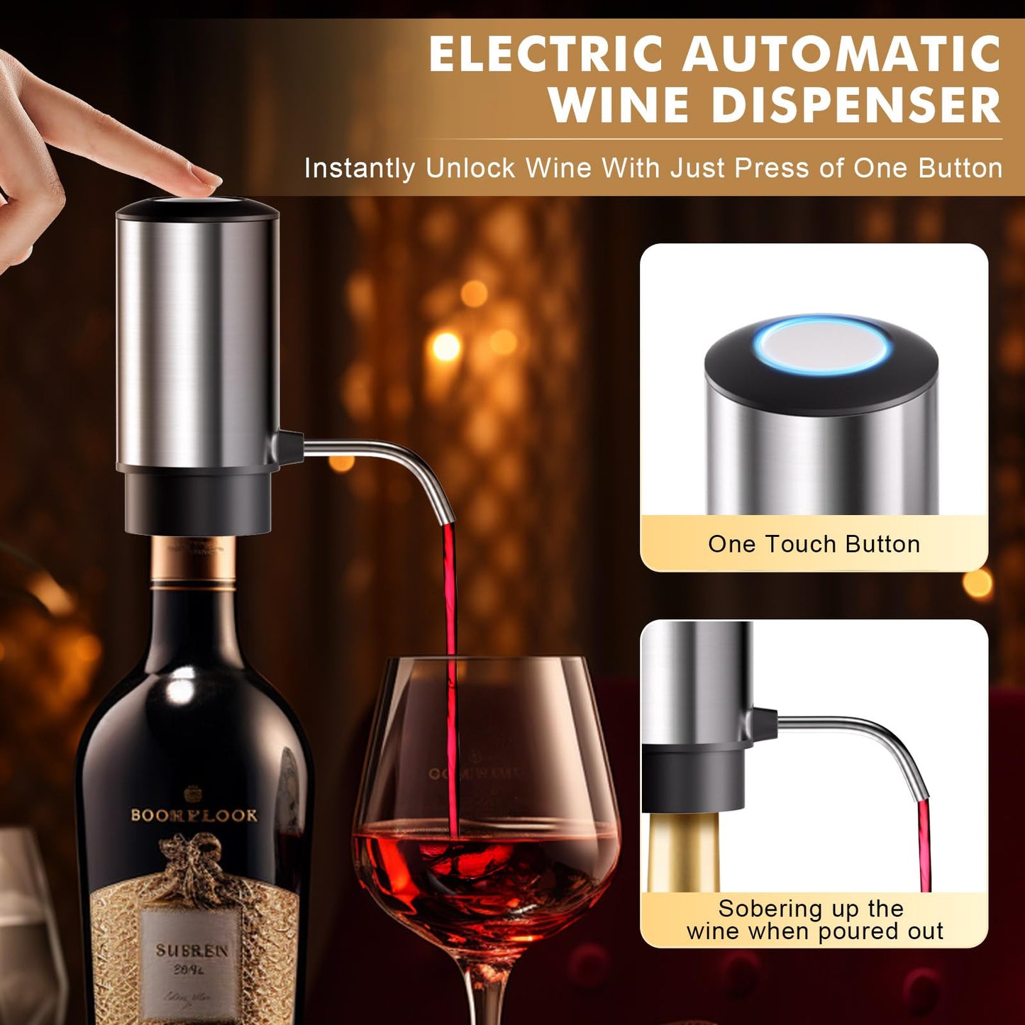 Rechargeable Electric Wine Opener 5-In-1 Set, Stainless Steel Automatic Wine Opener with Electric Wine Aerator, Foil Cutter, Wine Stopper & Base, Elegant Gift Box for Birthday, Housewarming, Christmas