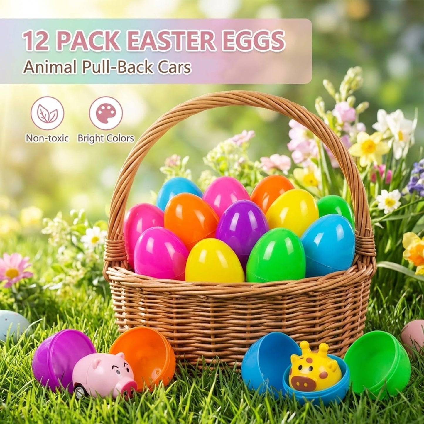 LIYROIUB 12 Pack Filled Easter Eggs with Animal Pull Back Car Toys - Surprise Toy Assortment for Easter Egg Hunts, Basket Stuffers & Party Favors | Easter Gifts for Kids Boys Girls