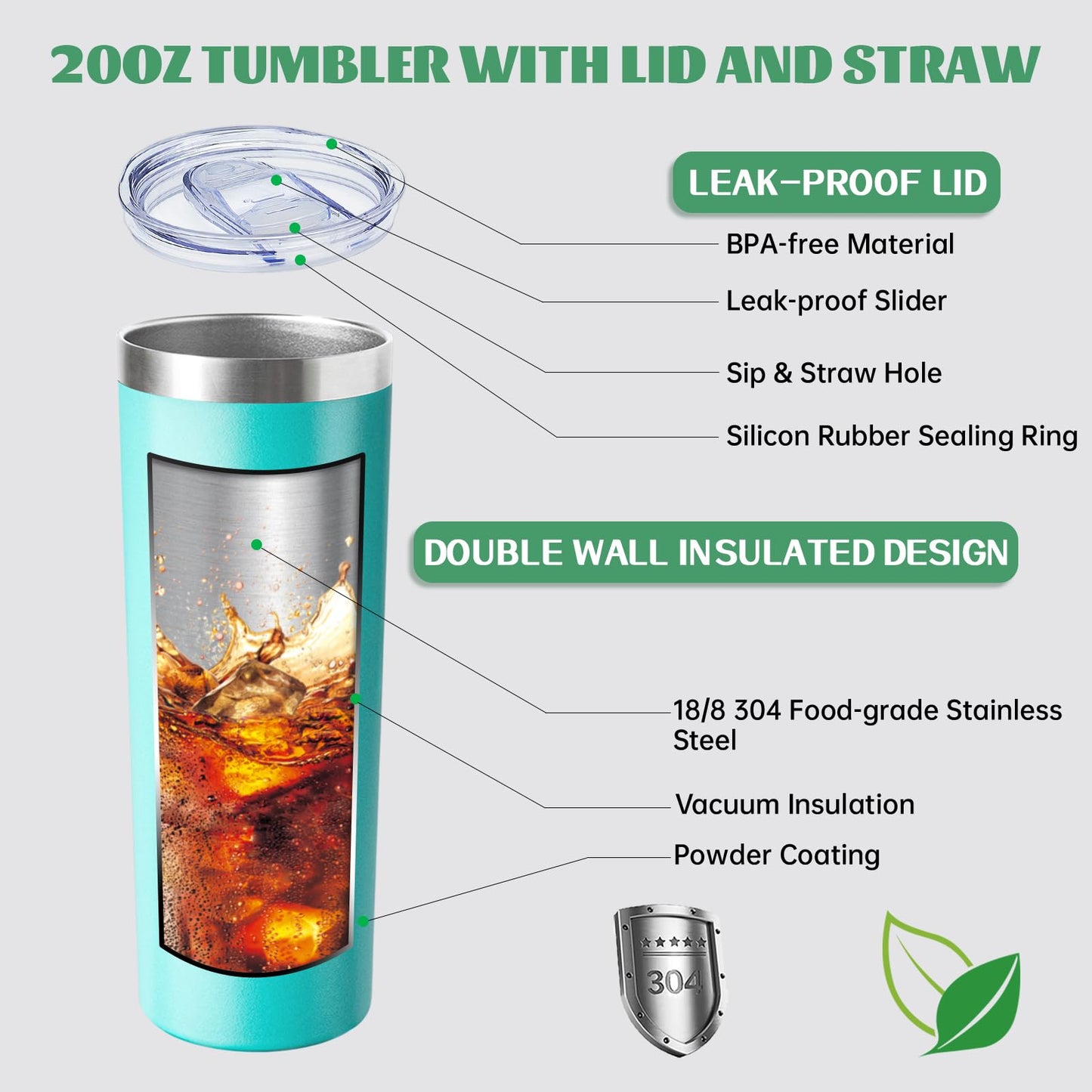 FristChoice 20 oz Skinny Tumbler with Lid and Straw,Stainless Steel Vacuum Insulated Tumbler Cup Double Wall Leak-proof Coffee Mug,Travel Thermal Water Tumbler for Home,Office,Outdoor(Teal,8)