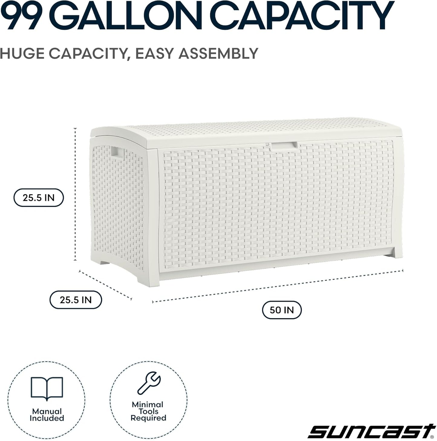 Suncast 99 Gallon Wicker Outdoor Deck Box - Water-Resistant Storage Solution for Patio & Yard, White