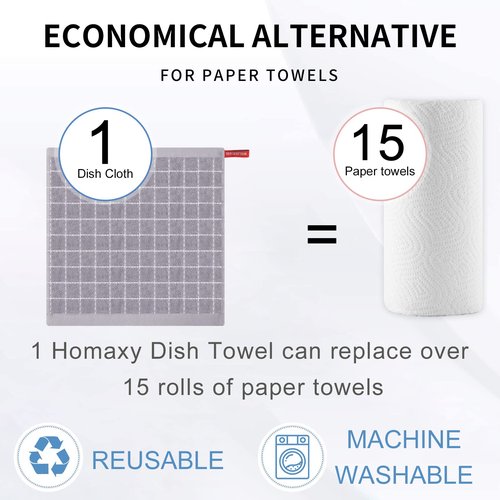 Homaxy 100% Cotton Terry Kitchen Dish Cloths, Ultra Soft and Absorbent Dish Towels for Kitchen, Suitable for Drying and Washing Dishes, 6 Pack, 12 x 12 Inches, Light Grey